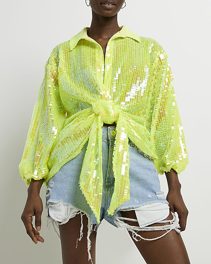 Yellow sequin tied front shirt