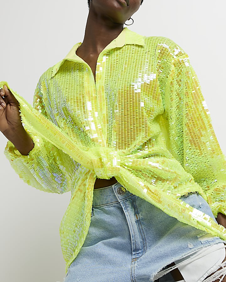 Yellow sequin tied front shirt