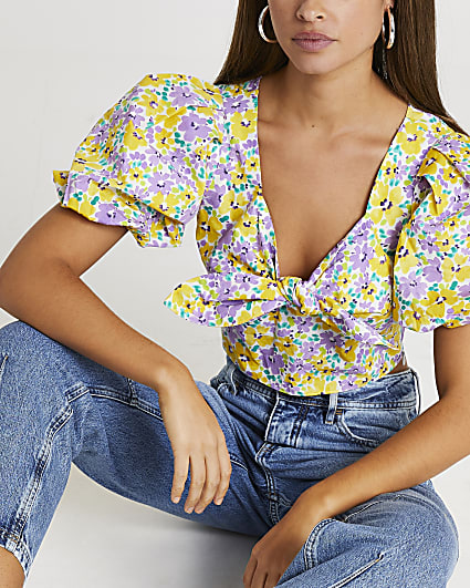 Yellow short puff sleeve floral crop top