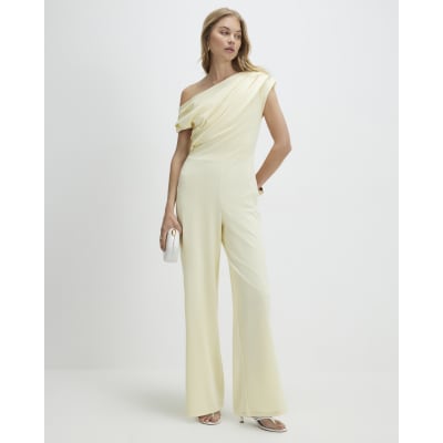 Yellow Short Sleeve Asymmetric Drape Jumpsuit