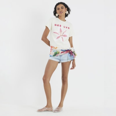 Yellow Short Sleeve Floral Diamante T-shirt