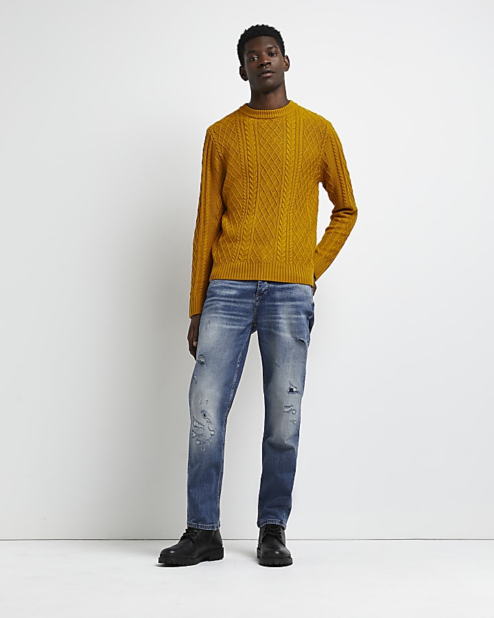 Yellow slim fit cable knit jumper