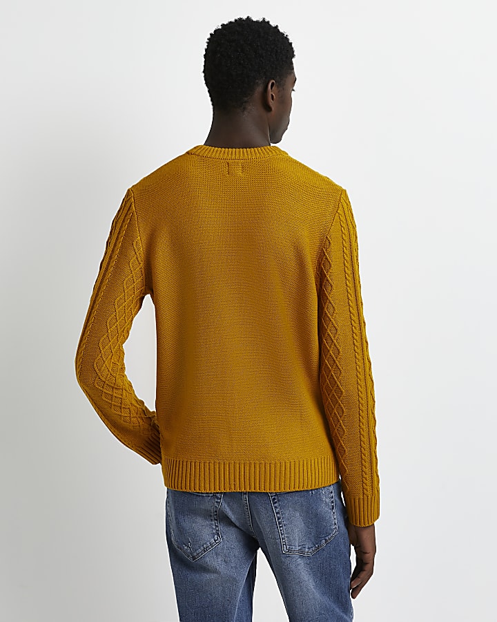 Yellow slim fit cable knit jumper