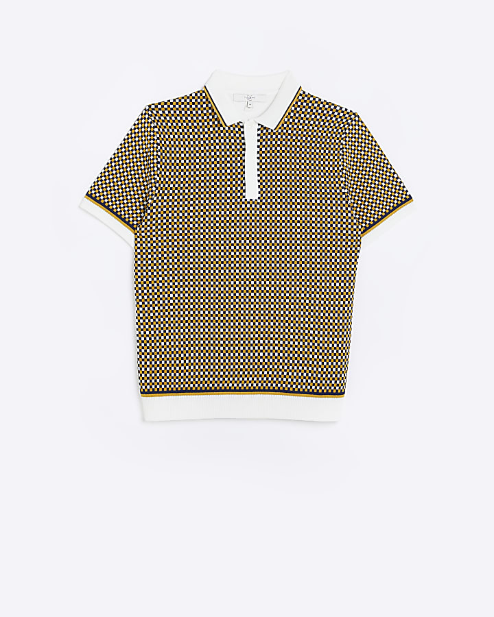 Yellow slim fit check knitted polo shirt