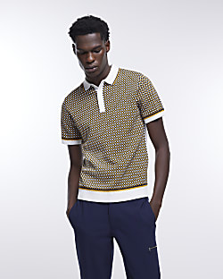 Yellow slim fit check knitted polo shirt
