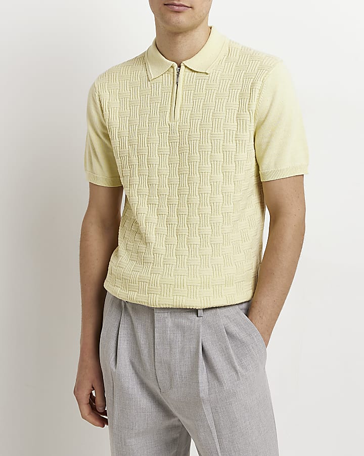 Yellow slim fit textured knit polo shirt