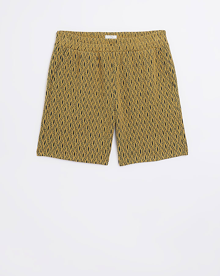 Yellow slim fit textured printed shorts