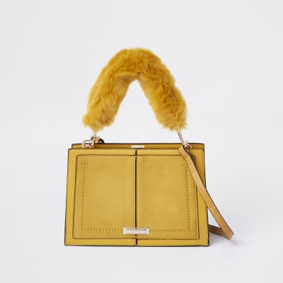 Yellow snake embossed faux fur cross body bag