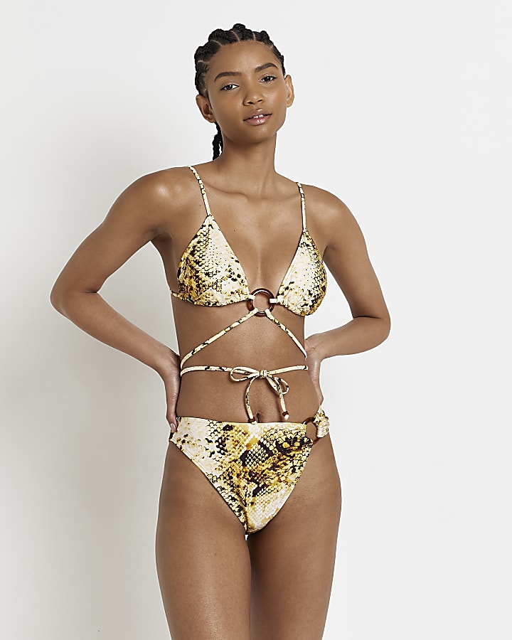 Yellow snake strappy triangle bikini top