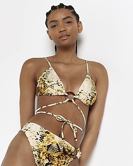 Yellow snake strappy triangle bikini top