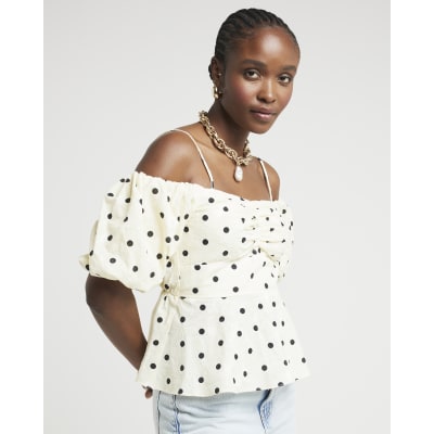 Yellow Spot Bardot Puff sleeve Top River Island