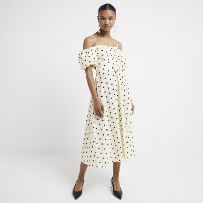 Yellow spot puff sleeve bodycon midi dress River Island