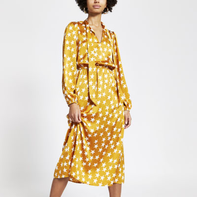 river island midi dress with belt detail in yellow