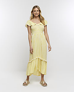 Yellow stripe frill midi dress