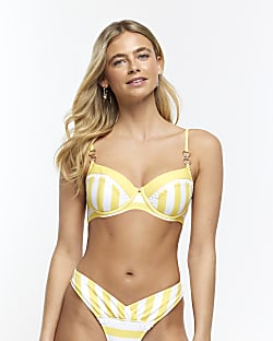 Yellow stripe plunge bikini top