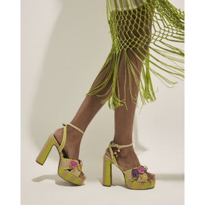 Yellow Stripe Raffia Flower Platform Sandals