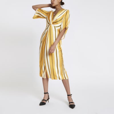 Yellow stripe twist front maxi dress