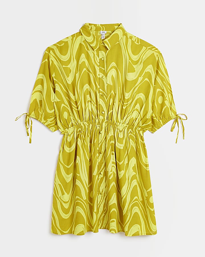 Yellow swirl mini shirt dress