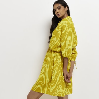 Yellow swirl mini shirt dress | River Island