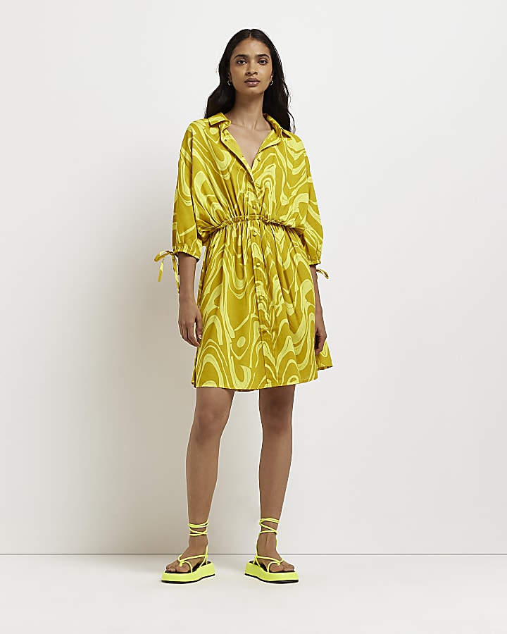 Yellow swirl mini shirt dress