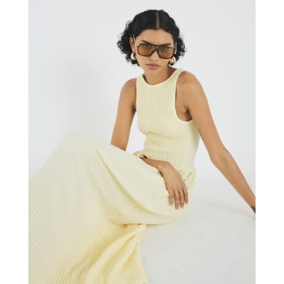 Yellow Textured Sleeveless Shirred Midi Dress