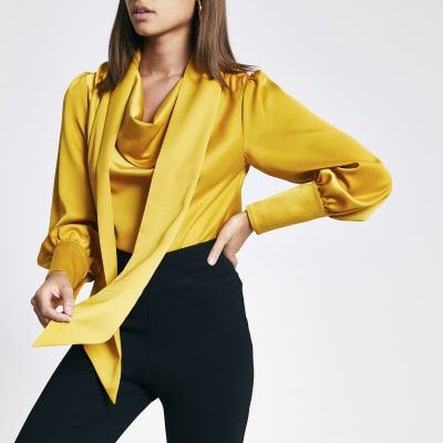 Yellow tie cowl neck long sleeve blouse | River Island