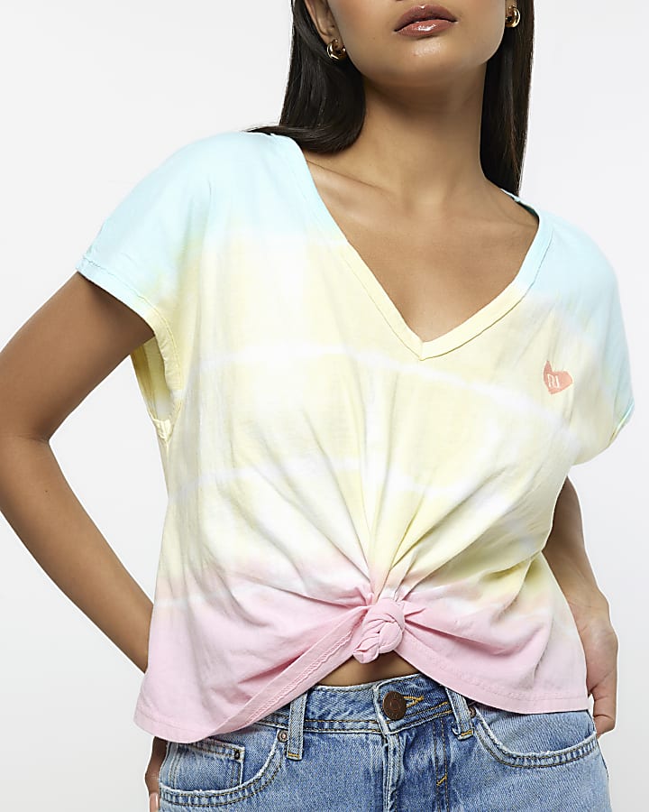 Yellow tie dye embroidered front knot t-shirt