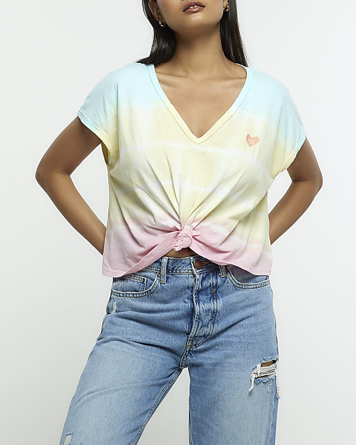 Yellow tie dye embroidered front knot t-shirt
