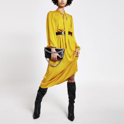 Yellow tie V neck long sleeve midi dress