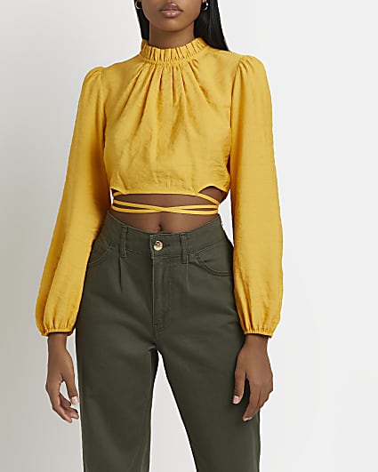 Yellow tie waist cropped top