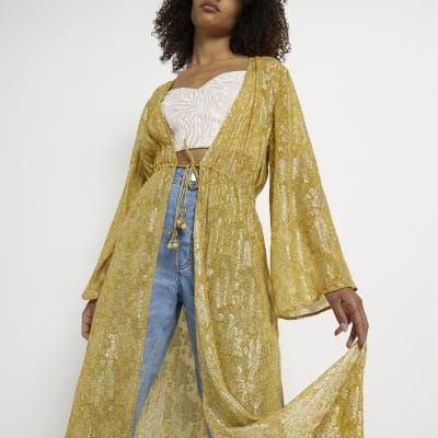 Yellow tie waist longline kimono | River Island